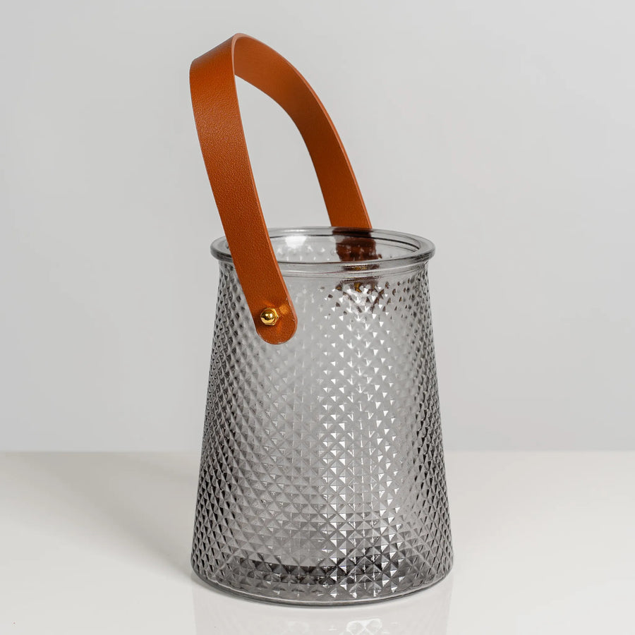 Grey diamond handled Vase with leather strap