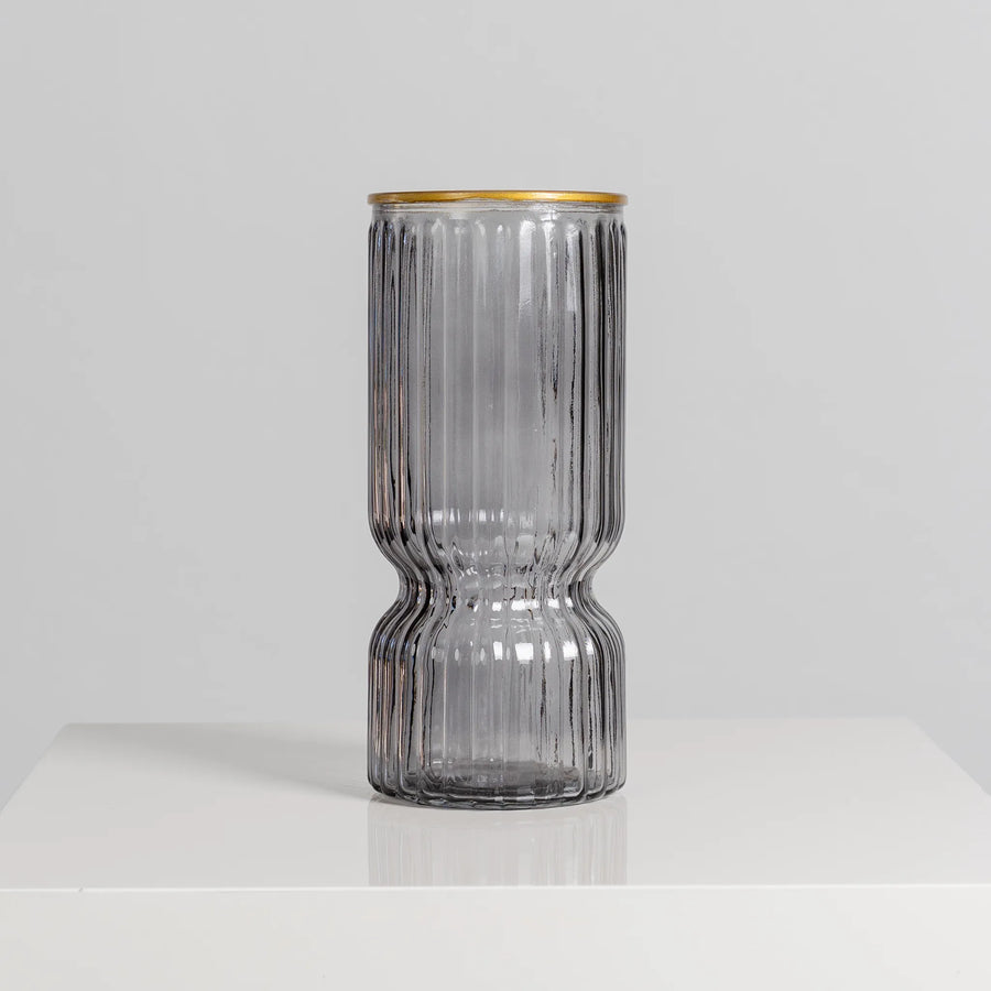 Gold rimmed striped vase- Grey